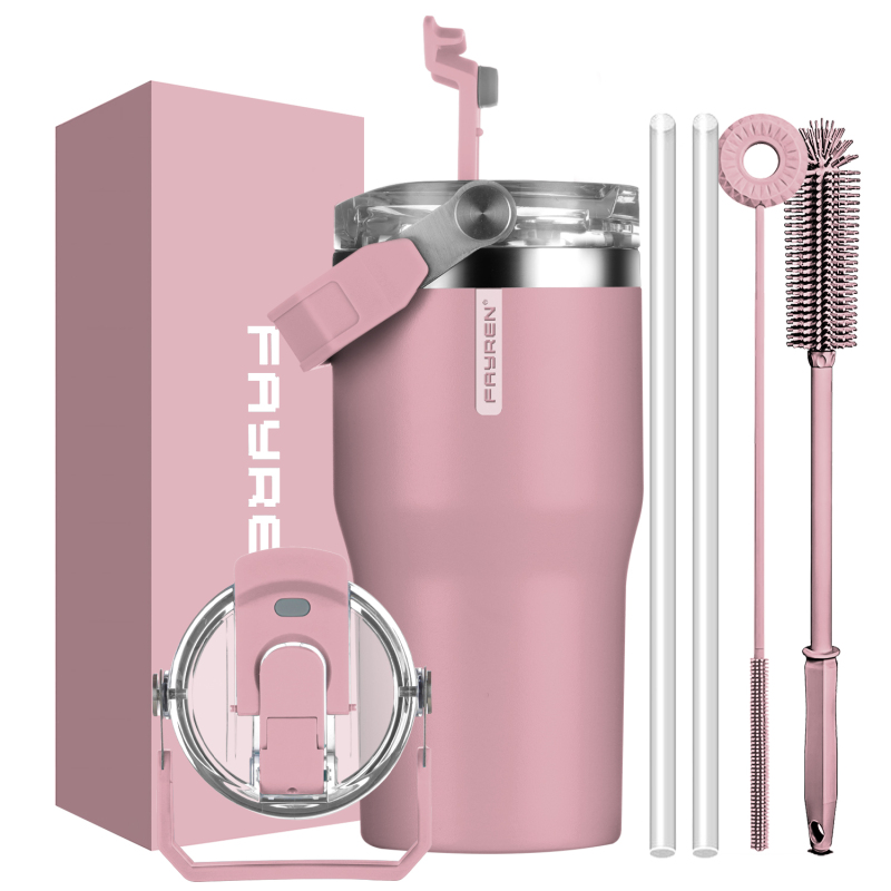Fayren Gobelets à café avec poignée et couvercle en paille, gobelets isolés en acier inoxydable, tasse à café de voyage garder au chaud pendant 12 heures ou au froid pendant 24 heures