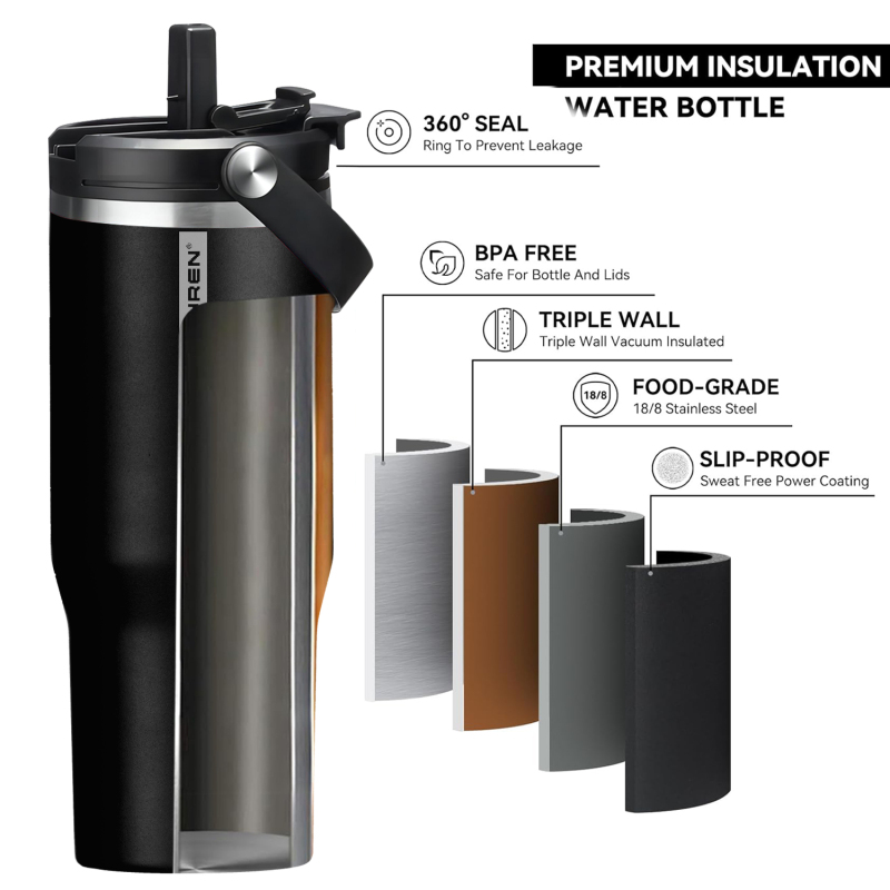 Bicchiere semplice da 40 once all'ingrosso con manico del coperchio e tazza di caffè isolata per bottiglia d'acqua in acciaio inossidabile a doppia parete con cannuccia