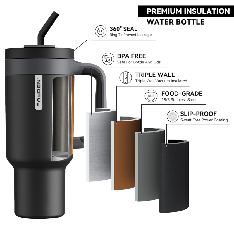 Gobelet avec poignée, paille 2 en 1 et couvercle à gorgée, étanche, passe au lave-vaisselle, tasse à café de voyage isolée en acier inoxydable, garde le froid pendant 34 heures