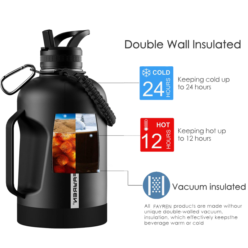 64 oz Half Gallon Water Bottle with Straw and Handle Lids, Insulated Water Bottle Stainless Steel