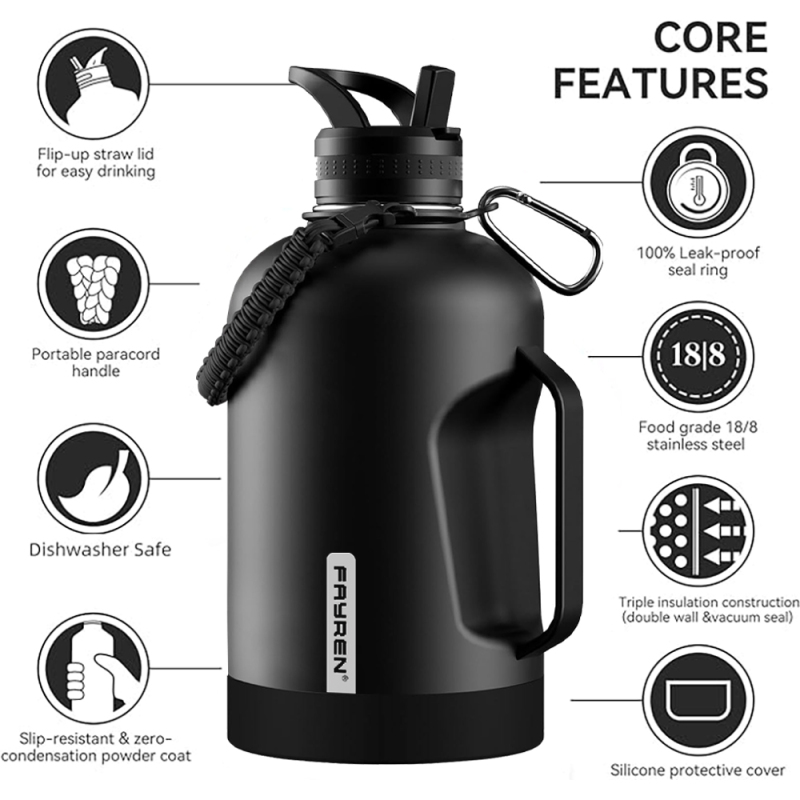 64 oz Half Gallon Water Bottle with Straw and Handle Lids, Insulated Water Bottle Stainless Steel