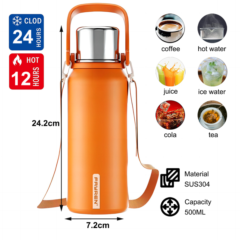 Insulated Stainless Steel Water Bottle with Handle, Strap, Strainer, Sports Travels Coffee Tea Bottle for Home Office Outdoor,