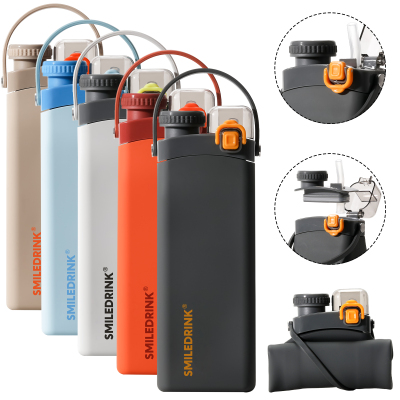 Smilerink – bouteille d'eau pliable en Silicone, incassable, pliable, personnalisée, pour boisson, sport, avec paille