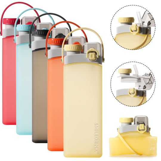 Collapsible Silicone Travel Water Bottle with Straw Strap for Cycling, Hiking, Outdoors
