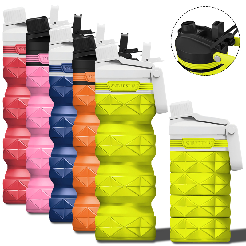 Silicone Foldable Water Bottles Leakproof BPA Free Travel Water Bottles with straw lid