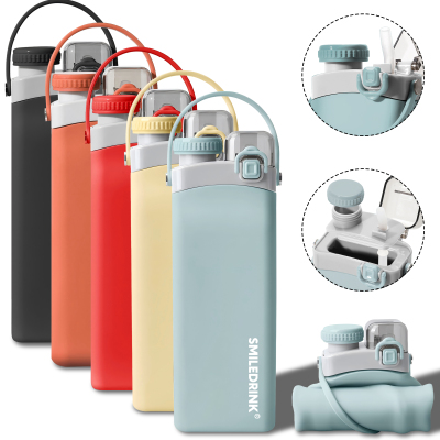 SMILEDRINK Faltbare Trinkflasche aus Silikon für unterwegs, Quetschflasche fürs Fitnessstudio, Kinder, faltbare Wasserflaschen aus Silikon mit Strohhalm