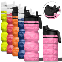 BPA Free Silicone Reusable Portable Lightweight Foldable Water Bottles with handle and straw