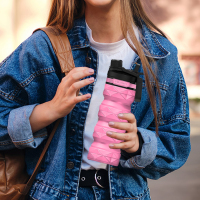 BPA Free Silicone Reusable Portable Lightweight Foldable Water Bottles with handle and straw