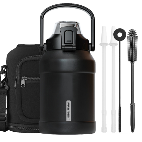 Large Double Vacuum Wide Mouth Stainless Steel 64 oz Water Bottle with Holder/Carrier, Flip Straw and Spout