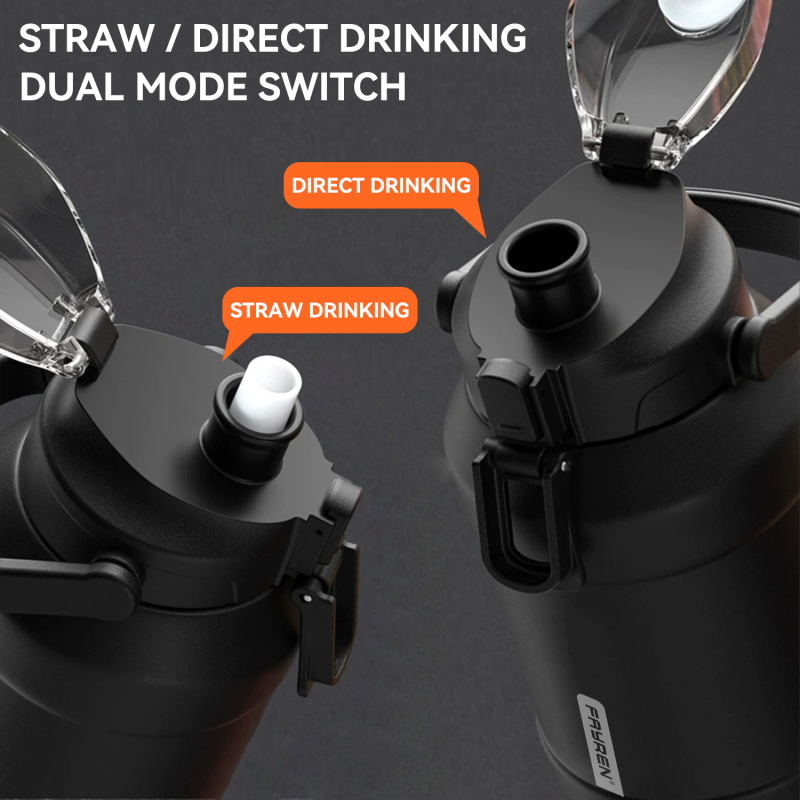 Large Double Vacuum Wide Mouth Stainless Steel 64 oz Water Bottle with Holder/Carrier, Flip Straw and Spout