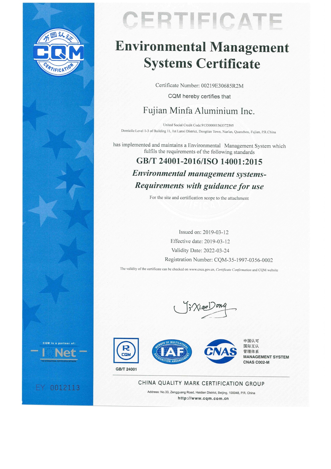 Certificado de Sistemas de Gestão Ambiental