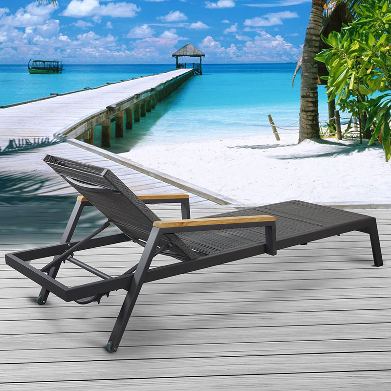 Черный регулируемый слинг алюминиевый открытый патио кресло для отдыха на солнце