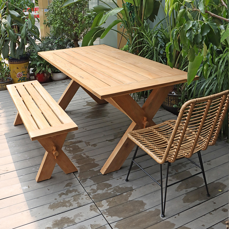 Juego de comedor de madera para exterior, mesa cuadrada para patio