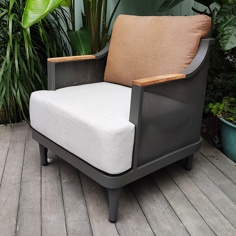 aluminum patio teak wood armrest dining sofa chair