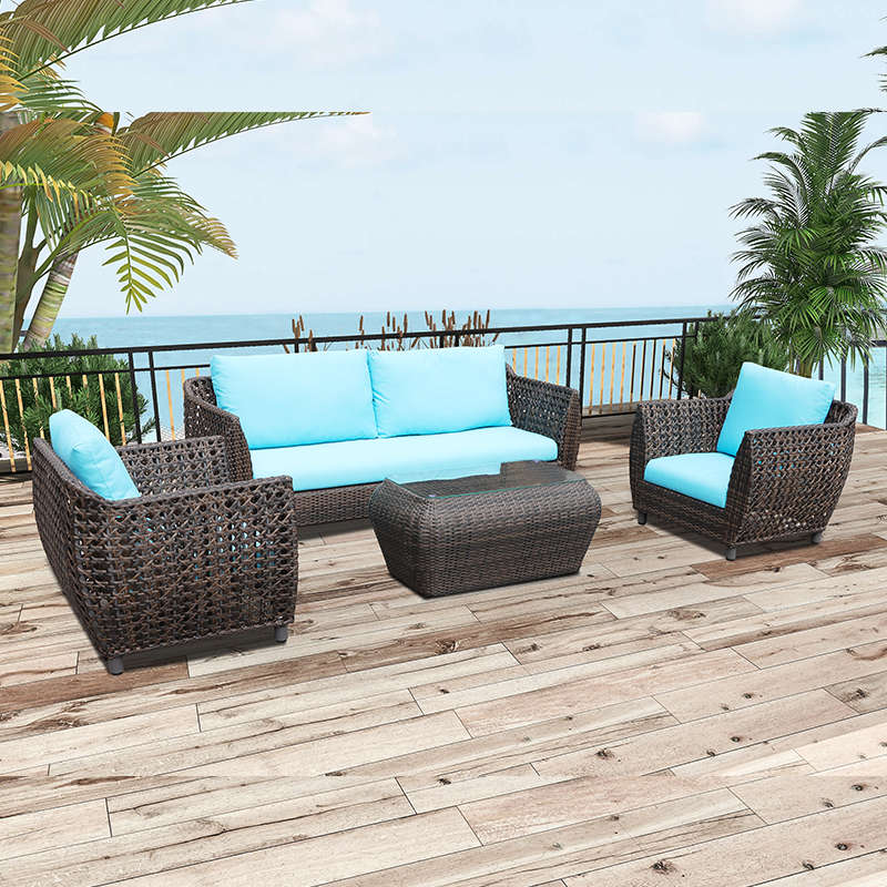 Rattan Patio Furniture Set with blue Cushions