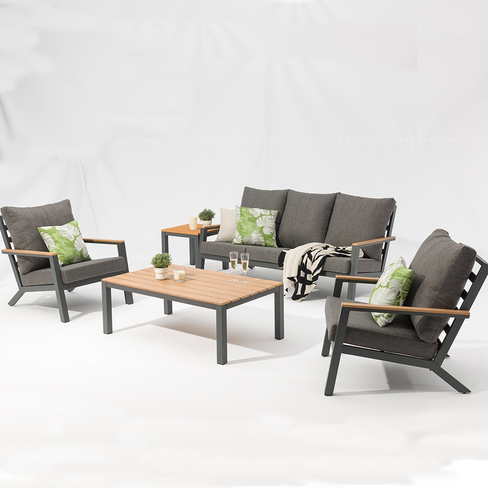 Set di divani da giardino in alluminio con braccioli in legno di teak