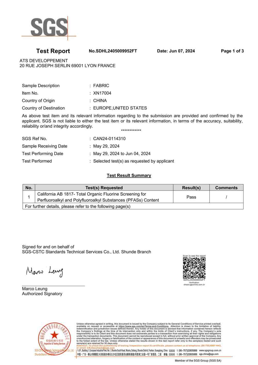 Fabric - SGS Certified