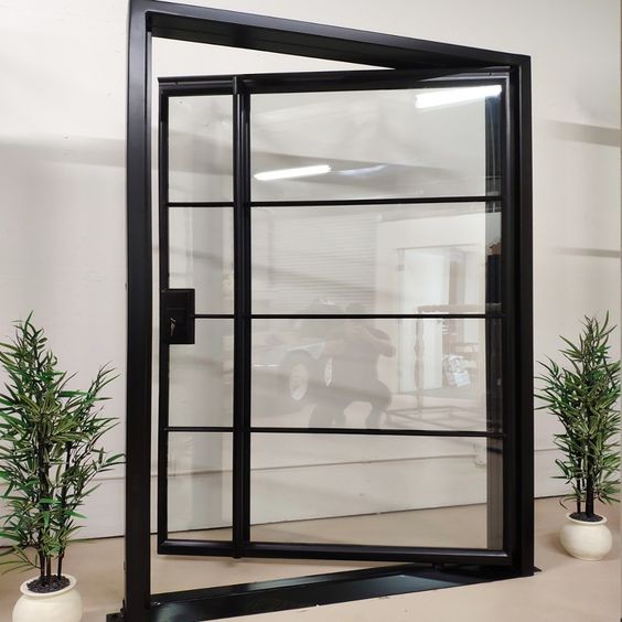 Simple Designs Black Aluminum Frame Tempered Glass Pivot Door