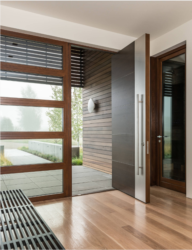 Modern Wood Entry Pivot Door With Frosted Tempered Glass