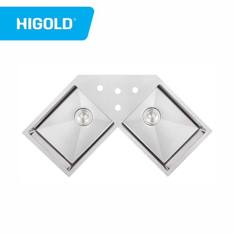 Undermount Handmade SUS304 Stainless Steel double bowl Corner Sink