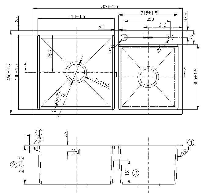 Nano Coating Double Bowl Thick Panel Topmount Sink