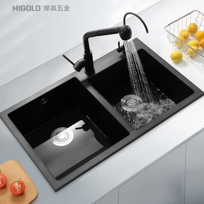 Topmount Double Bowl Black Quartz Kitchen Sink