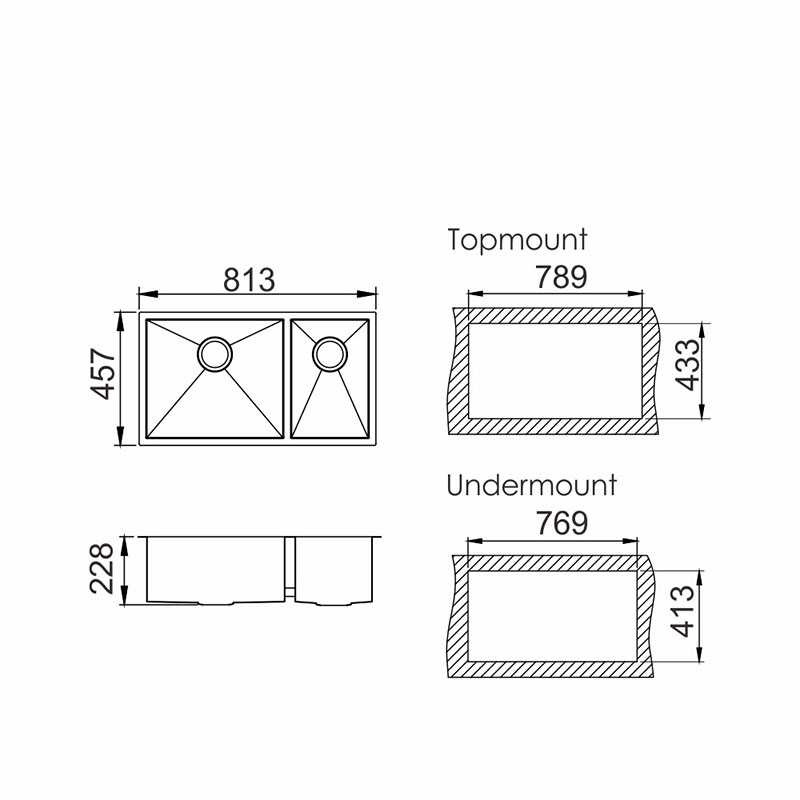 R0 Undermount Double Bowl SUS304 Stainless Steel Handmade Sink