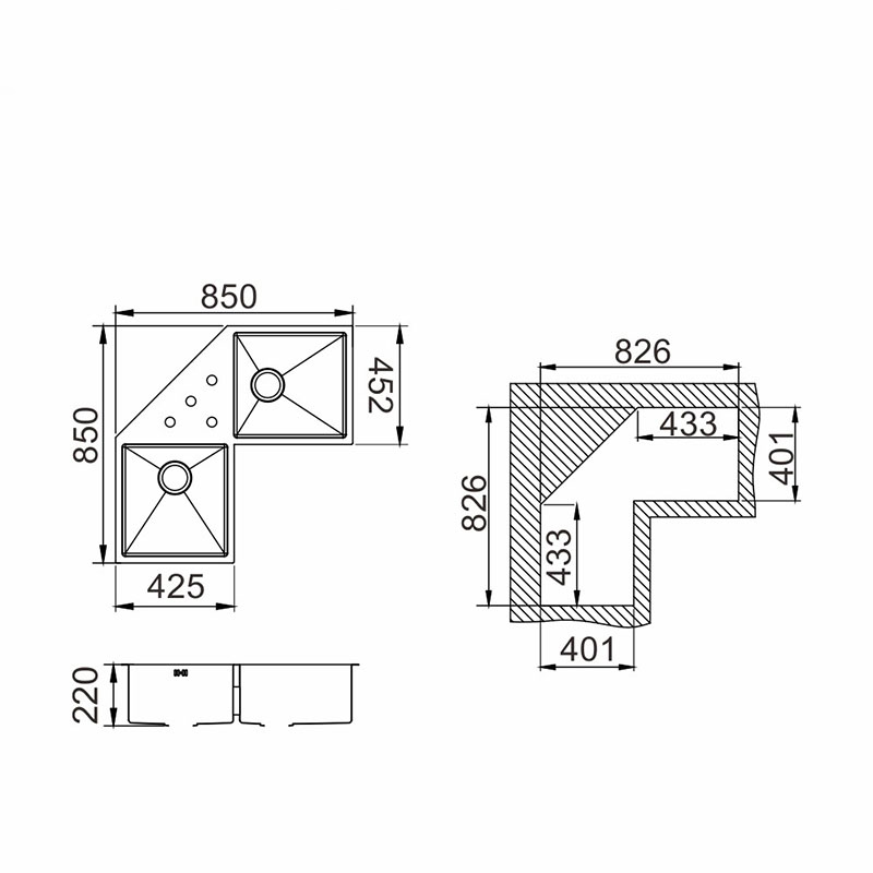 Undermount Handmade SUS304 Stainless Steel Double Bowl Corner Sink