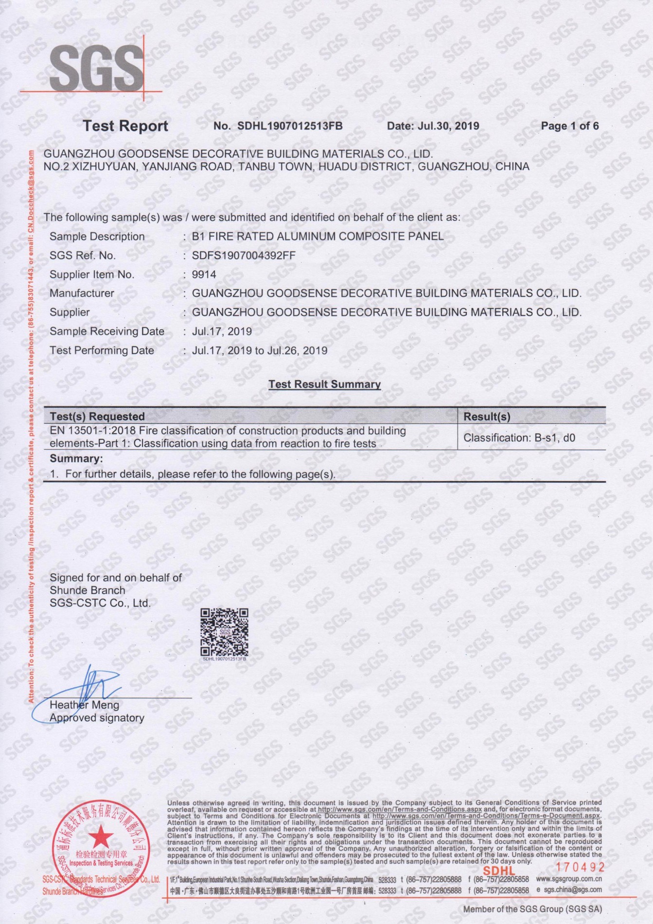 Panou compozit SGS aluminiu raport FR standard EN13501