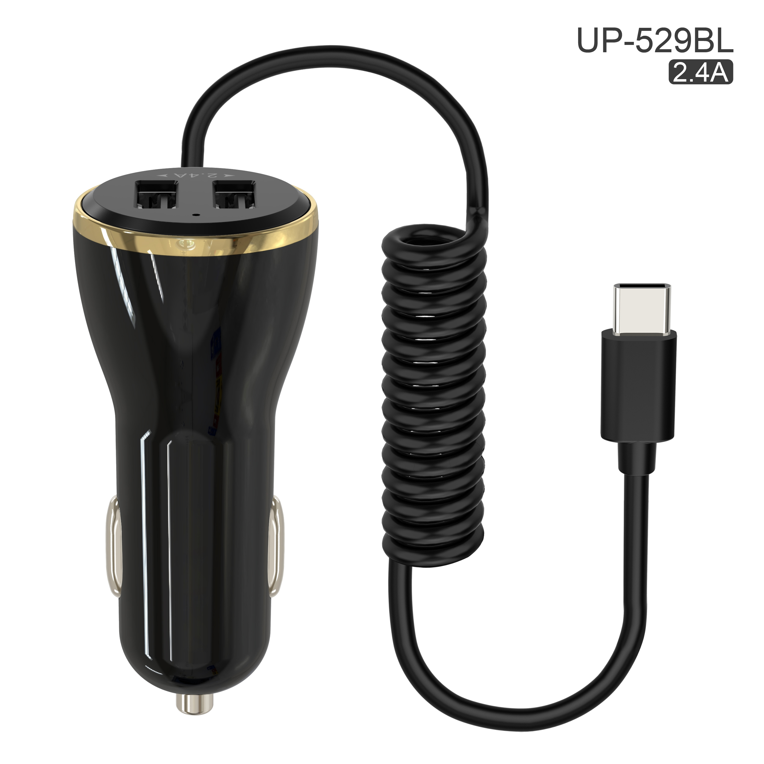 Dual port USB car charger with telescopic Type-c cable