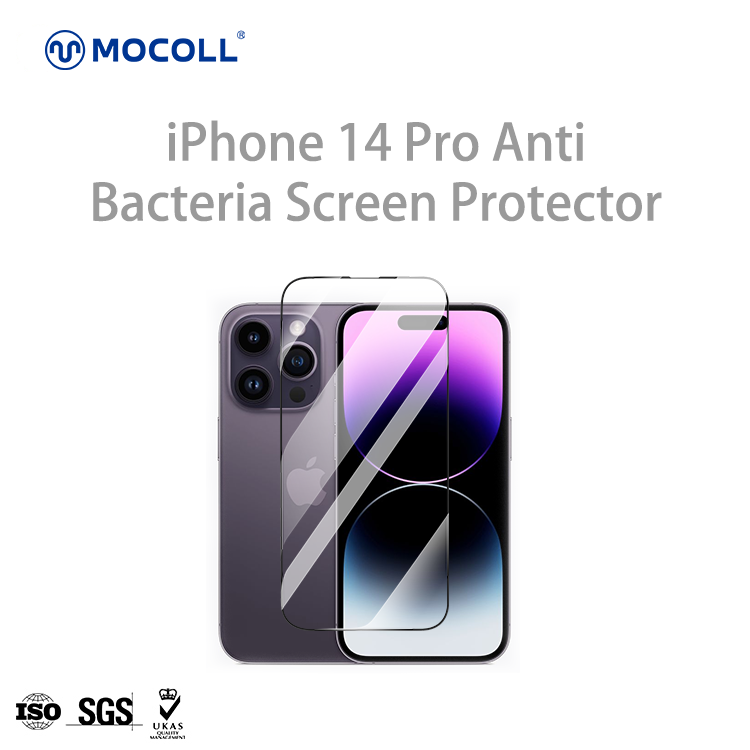 iPhone 14 Pro Kyanite Series 2.5D com cobertura total antibacteriana de vidro temperado