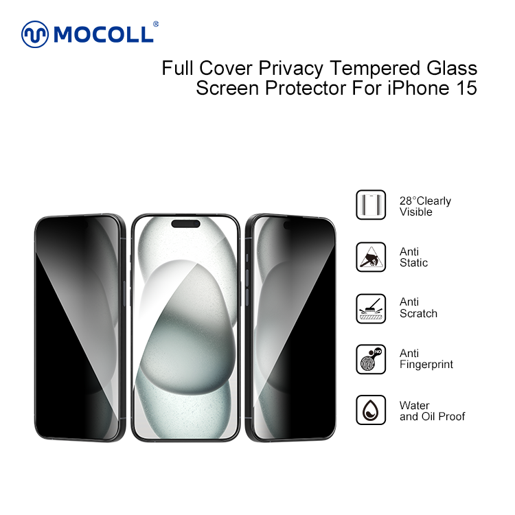 2.5D Full Cover Privacy Tempered Glass Screen Protector for iPhone 15