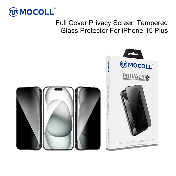 Protector de pantalla de vidrio templado de privacidad de cubierta completa 2.5D para iPhone 15 Plus