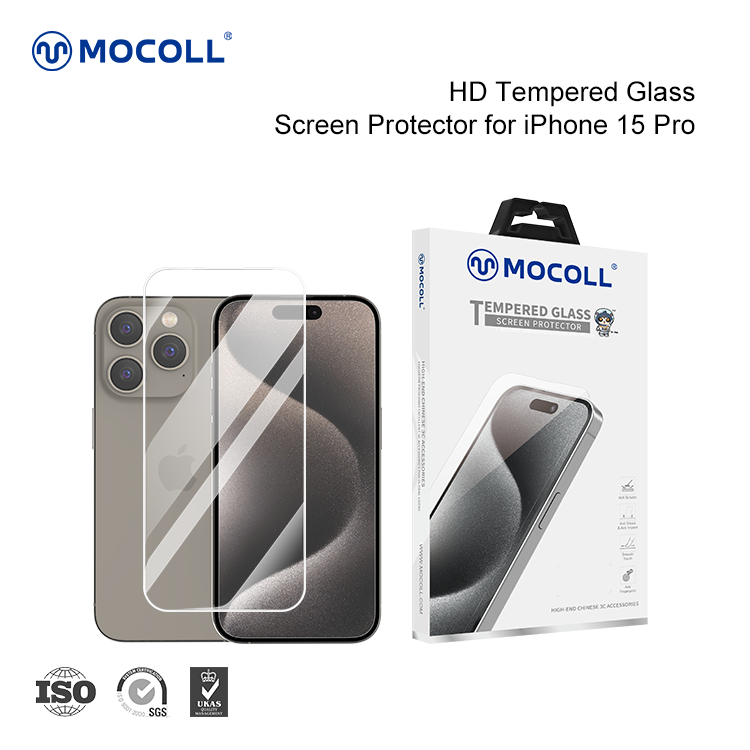 Protector de pantalla de vidrio templado transparente 2.5D para iPhone 15 Pro