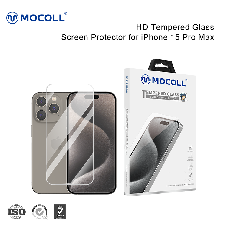 Protector de pantalla de vidrio templado transparente 2.5D para iPhone 15 Pro Max
