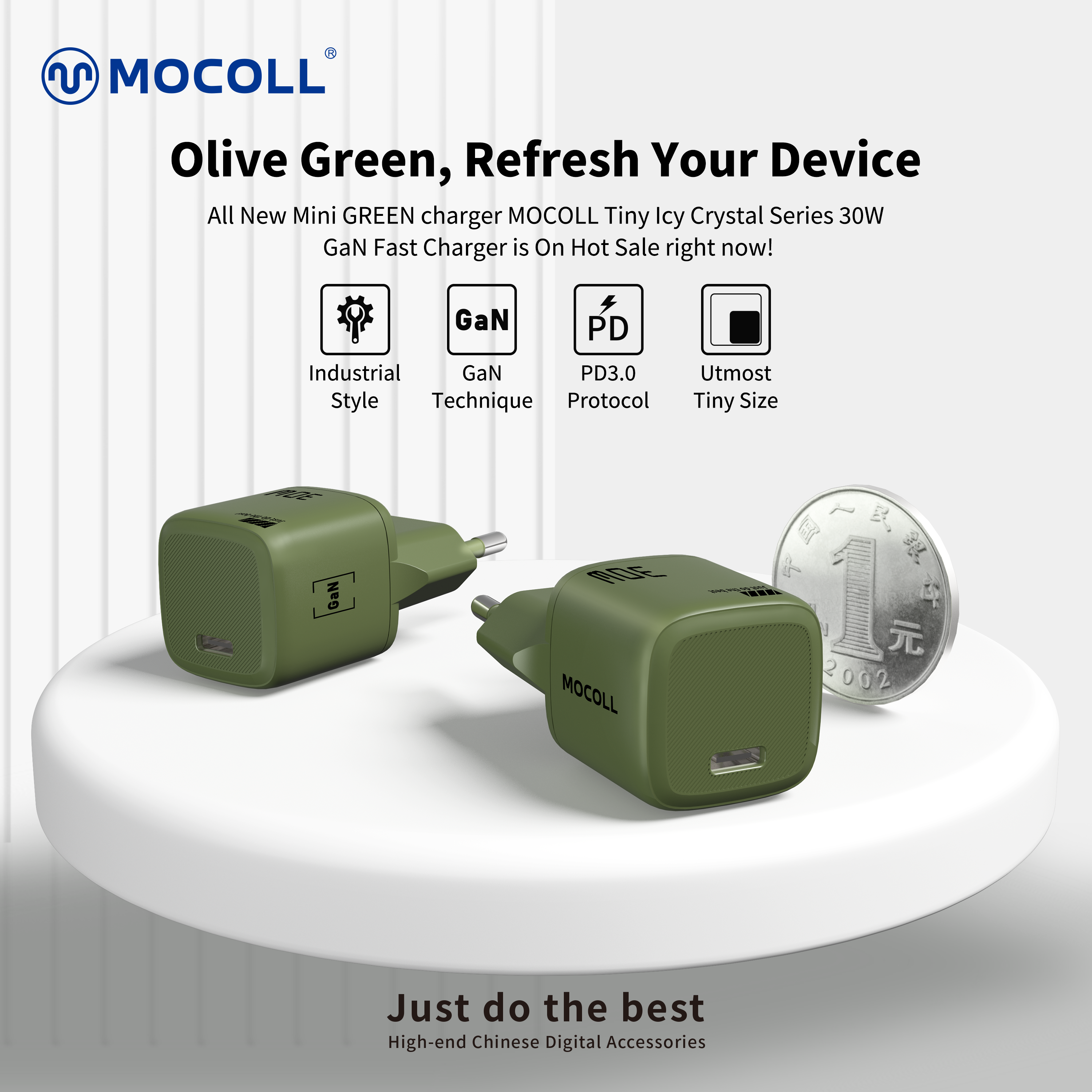 Al verde | Stile industriale, nuovo caricabatterie rapido GaN da 30 W verde oliva MOCOLL