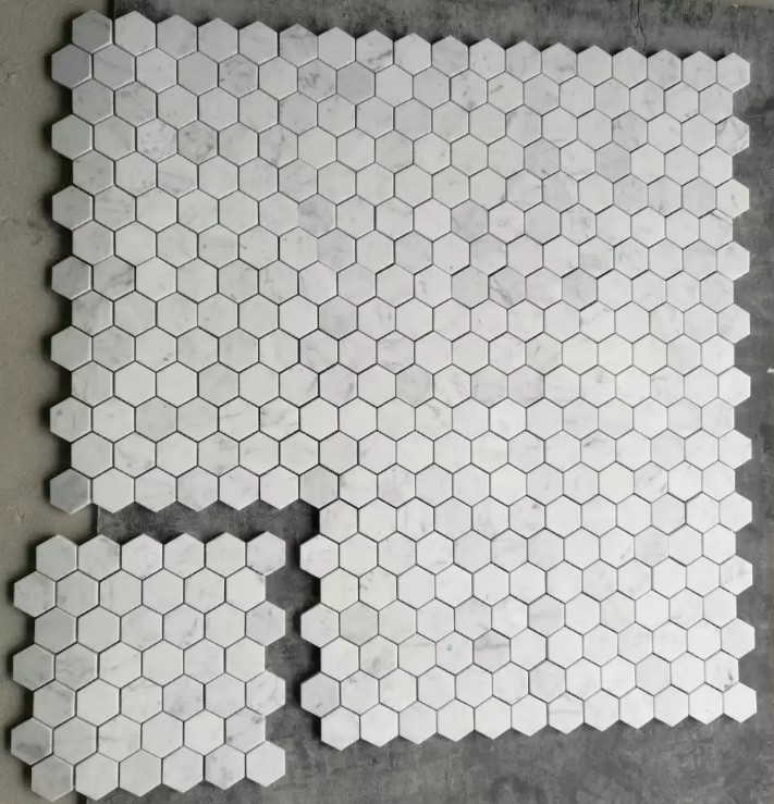 Polished Italian Carrara White Marble Hexagon Mosaic Tiles
