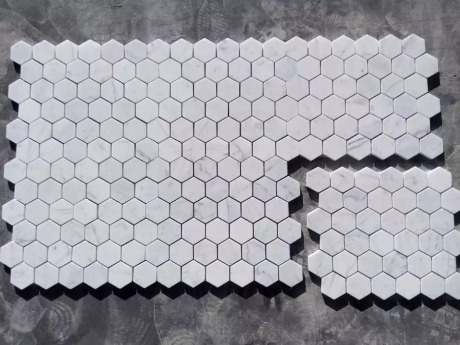 Polished Italian Carrara White Marble Hexagon Mosaic Tiles