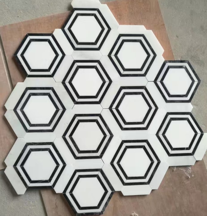 Polished Italian Carrara White Marble Hexagon Mosaic Tiles