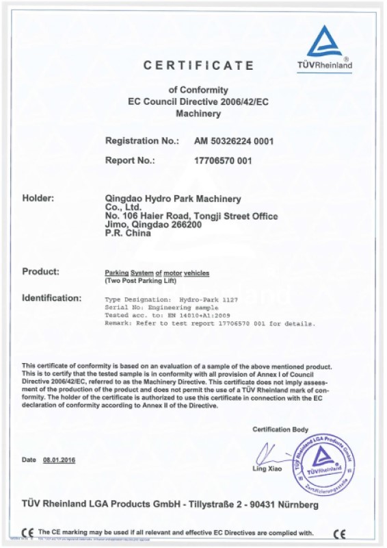 CE Certification For Parking System Of Motor Vehicles