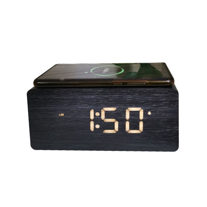 Gran reloj despertador LED de bambú de carga inalámbrica