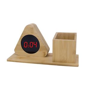 Porta-canetas multifuncional de bambu com relógio LED