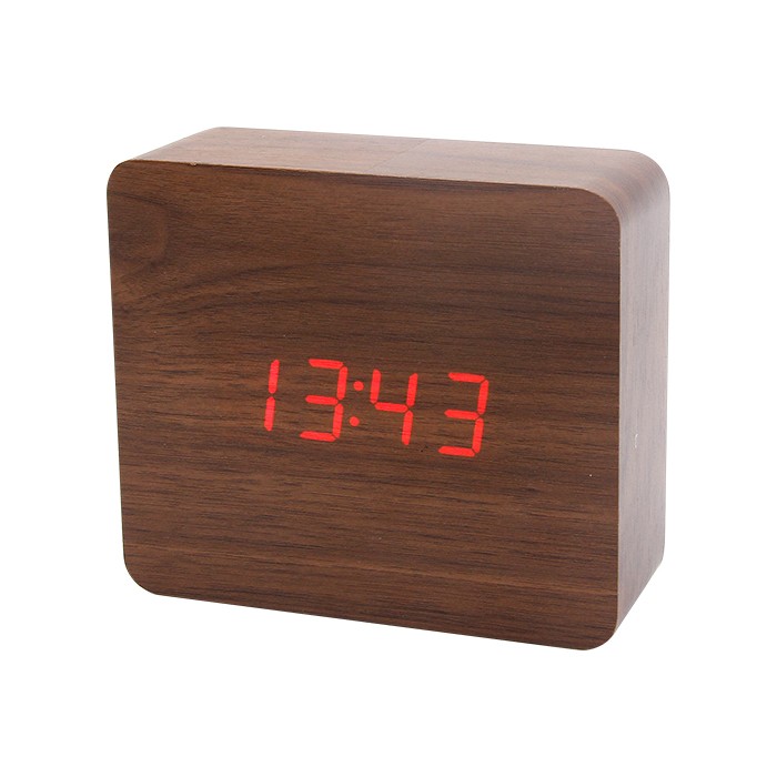 Reloj LED rectangular de madera con función de control por voz