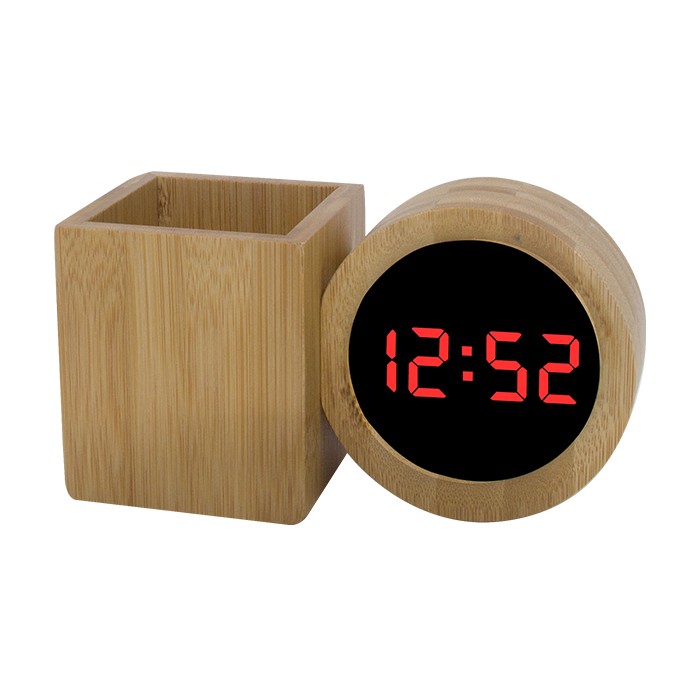Reloj multifuncional con soporte para bolígrafo LED de bambú
