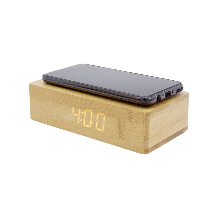 Wireless Charging Bamboo LED Alarm Clock