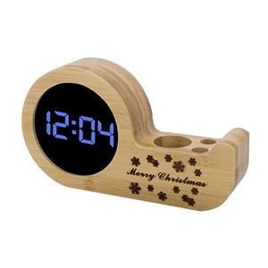 Despertador LED de bambú con portalápices