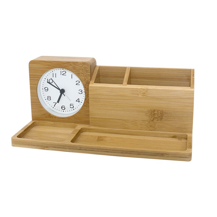 Sweep Movement Quartz Bamboo Table Desk Clock Penholder