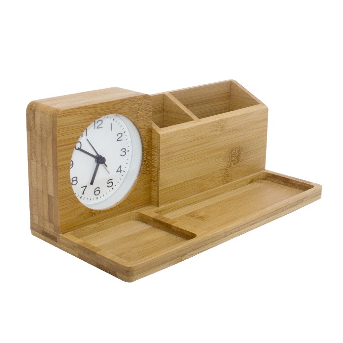 Sweep Movement Quartz Bamboo Table Desk Clock Penholder
