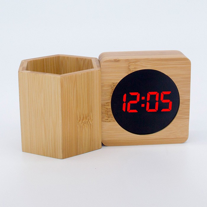 Horloge porte-stylo en bambou avec horloge LED