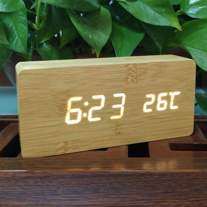 Sound Controll Digital LED Bamboo Alarm Clock